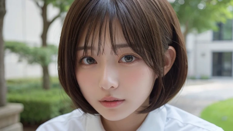 (Bob Cut Hair:1.2),(Wearing school uniform:1.2),1 girl,Japanese,21 years old,(Small breasts:1.3),(Highest quality,masterpiece:1.3,超A high resolution,),(Ultra-detailed,Caustics),(Photorealistic:1.4,RAW shooting,)Ultra-Realistic Capture,Very detailed,High resolution 16K human skin close-up。 Natural skin texture、,Pores、、It needs to be detailed enough to be easily identifiable。 Skin should be even-toned and healthy looking。 Use natural light and colour, Sad expression, Looking at the camera, Perfect dynamic composition, Outdoor