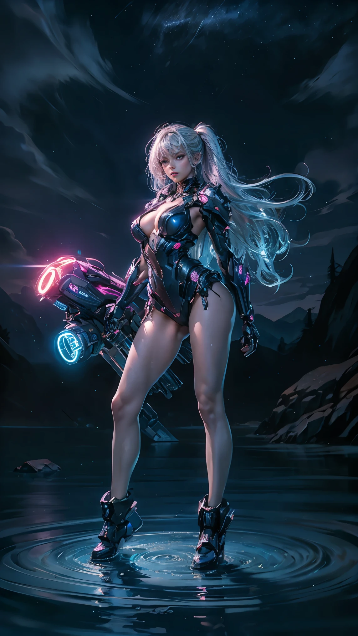masterpiece, best quality, 1girl, ives , Mecha, beautiful lighting, (Neon light: 1.2), (night: 1.5), "masterpiece, best quality, 1girl, full body portrait, sensual pose, blue eyes, multicolored+silver hair:1.3+red:1.2+purple+yellow:1.3+green:1.3, sculpted legs and tempting curves, full breasts, pretty face, lots of water drops, cloud, Twilight, open shot, Watercolor, Neon light: 1.2, night:1.5, Mecha, beautiful lighting, bright neon light: 1.2, unforgettable mysterious night: 1.5"