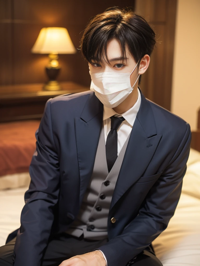 man wearing a suit,Put on a fancy mask,Skinny guy,หุ่นsexly,sexly,on the bed