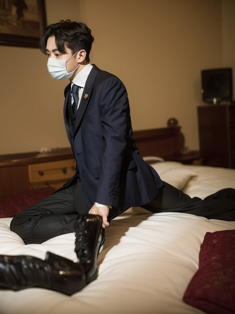 man wearing a suit,Put on a fancy mask,Skinny guy,หุ่นsexly,sexly,on the bed