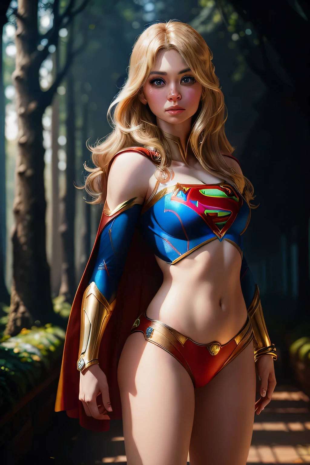 "The Grand Masterpiece of Art: Supergirl in 4K, 8:16 Ratio, Ultra-High Definition, Realistic Skin Texture, Extreme Detail, Hyper-Realistic Photo. This extraordinary image showcases a stunning female superhero, reminiscent of an X-Man, with fair skin, glistening golden locks, and eyes outlined in a vibrant blue. The face is accentuated with exquisite detail, emphasizing her noble lineage. adorned with a distinctive bracelet, she stands resplendent in her superb outfit, amidst the serene ambiance of a forest, where a grand mansion looms in the distance, bearing the icon