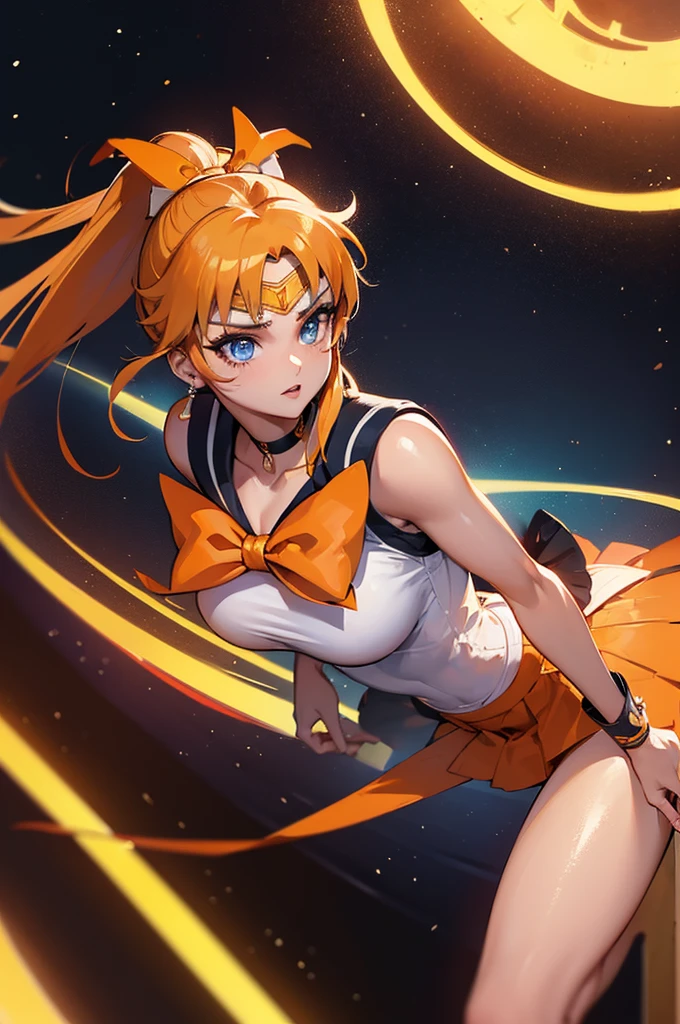 (La mejor calidad,A high resolution,Ultra - detallado,actual),Selena Gomez, (masterpiece, best quality;1.3), very detailed CG, very detailed, 1 girl, alone, laugh, looking at viewer, stylish angle, blonde long hair,blue eyes, huge boobs sv1, Sailor Sensi Uniform, Orange skirt, elbow bag, tiara, Orange Sailor Color, red bow, Orange Choker, white gloves, bijouterie, from above,,(Fondo de ruinas de mazmorra en ruinas cyberpunk :1.4 ) I have a lot of heart, face focus,venus,hurricane,abstract background, galaxy background,(Sailor Venus:1.4), (Sailor Venus V2.1), ,(Fondo de ruinas de mazmorra en ruinas piedras grandes cyberpunk :1.4 ),(perfect anatomy :1.4), (cinematic lighting :1.4),( dynamic cowboy pose), (fondo lluvia cayendo nublado tenebroso :1.4), (Selena Gomez :1.4), (Selena Gomez V2.1),( dedos detailed :1.4), BIG THIGHS, gigantic