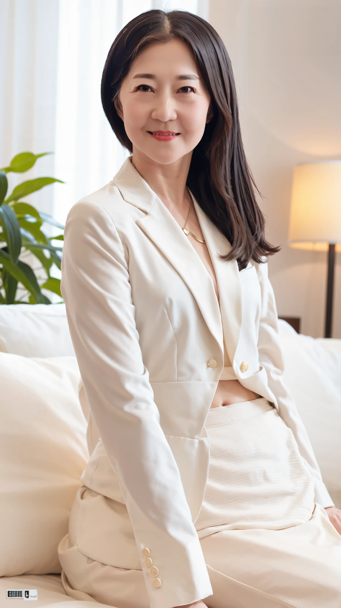 60-year-old female, Soft headlight,High-density imaging,(Clean and delicate face),((White suit)),((Various dynamic poses)),((((Half-length photo)))),((White curtains in the background)),best quality,masterpiece,(Soft colors:1.2)