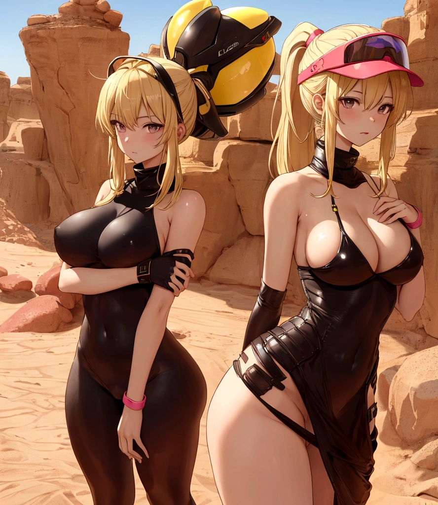 Photo of mandora in the desert, 19 years old, large breasts, triple D cup breasts, sexy, horny, round buttocks, bubbly buttocks, fit and strong, slender body, wide hips,ponytail, blonde hair, helmet, visor, (pink shoulder wrap:1.1), red turtleneck, red gloves, black dress.
yellow glass.
