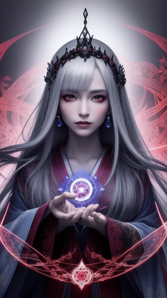 (masterpiece, top quality, 1 female, solo, exquisite detail, chromatic aberration), (realistic), (skin), ((breathing)), (silver hair, blunt bangs, cropped straight long hair, cropped bangs, silver hair), beautiful hair, red headdress, blue highlights, hair over one eye, purple eyes, full lips, earrings, piercing eyes, ((white and red kimono)), ((symmetrical eyes)), ((perfectly symmetrical body)), ((perfectly symmetrical hands)), (purerosface_v1:0.3), night, (((self, natural light))), backlit, dim lighting, facing viewer, ((central shot, from the front, (face and waist))), mysterious atmosphere, fortune teller in kimono, beautiful fortune teller, fortune teller, dark Fantasy female fortune teller, female fortune teller, fantasy photography, magician, witch fairy tale, Japanese style, elegant cinematic fantasy art, fantasy woman, magician portrait, casting spells, fortune teller, not very sexy kimono, A powerful wizard stands in a mysterious forest. With fluttering robes adorned with symbols, outstretched arms, eyes glowing with mystical energy, spells leaking from his mouth, vivid, swirling patterns of dark magic appear in the air, pulsating with hues of red and blue. Magic permeates, flowers bloom, divine, creatures gaze in awe. Threads of magical energy dance, revealing hidden realms and unravelling secrets. Capture the essence of this enchanting moment and bring to life the mysterious power of dark magic on a canvas of the highest quality and finest detail. Highest Quality, Masterpiece, Ultra High Resolution, (Photorealistic: 1.4), RAW Photo, Sharp Focus, High Resolution, Detailed Skin,.