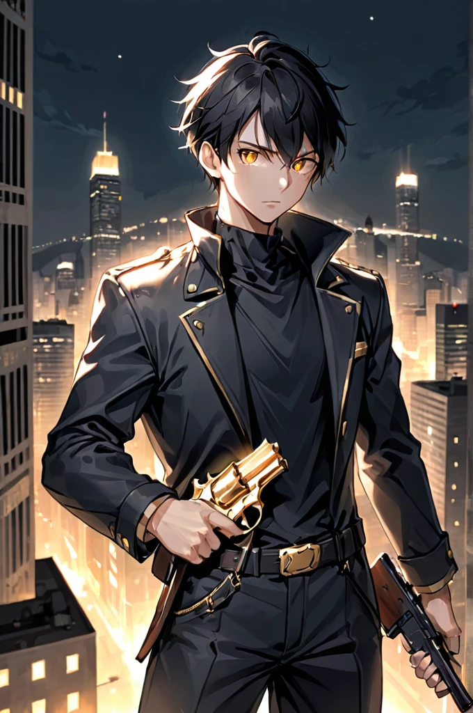 1boy,  male focus, carrying a revolver, black hair, golden eye, background city at night 