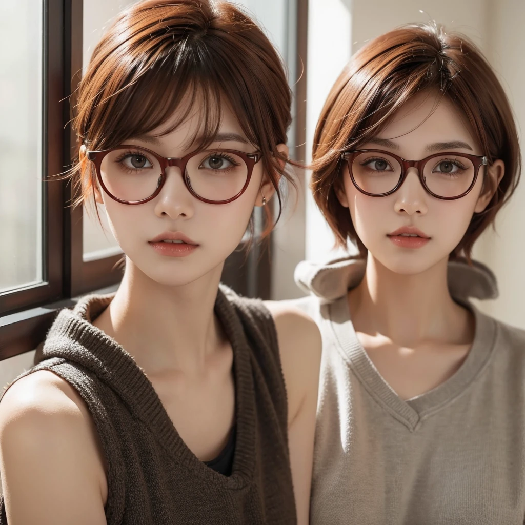 A girl with boyish short red hair reaching her ears and brown eyes , wearing a glasses , and wear
