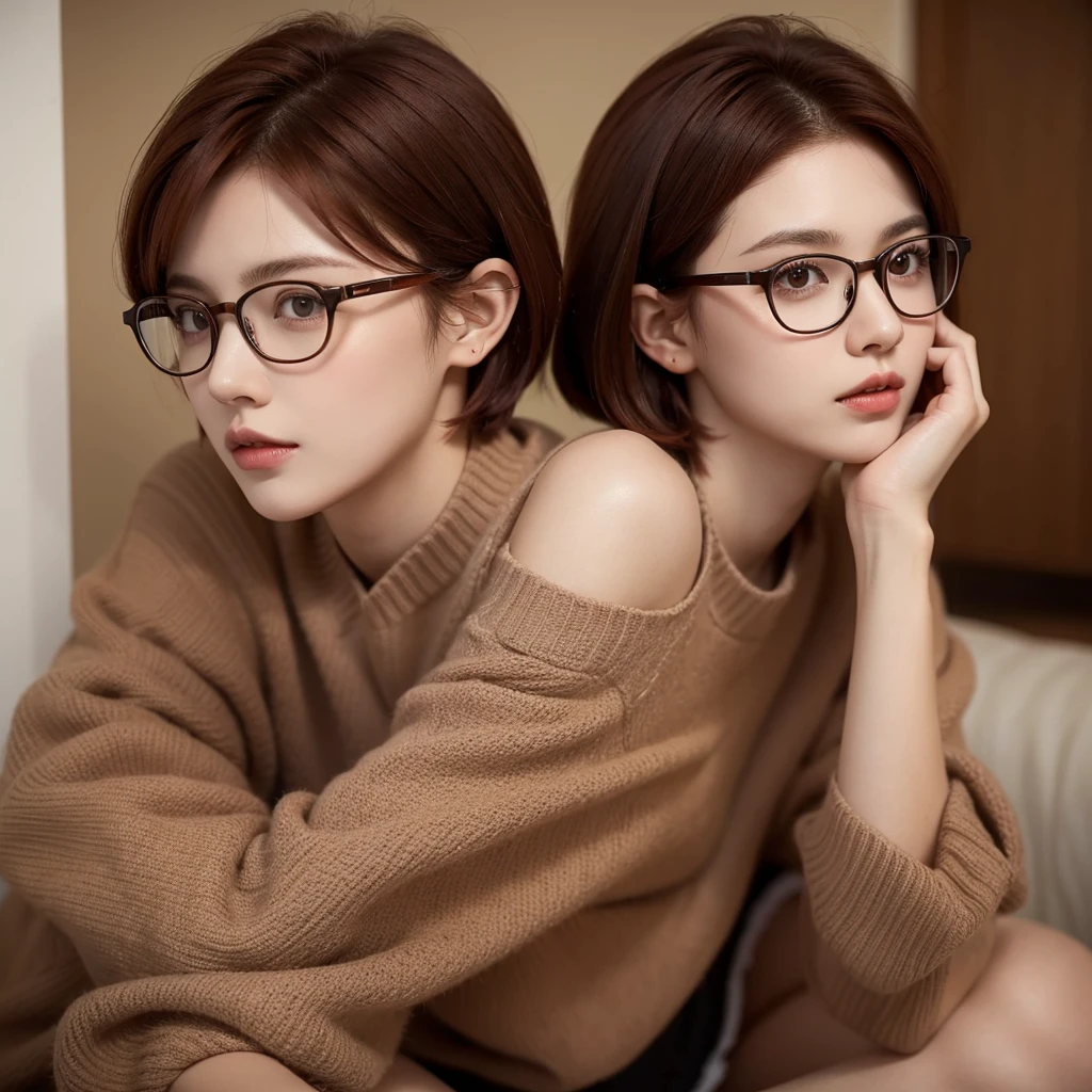 A girl with boyish short red hair reaching her ears and brown eyes , wearing a glasses , and wear