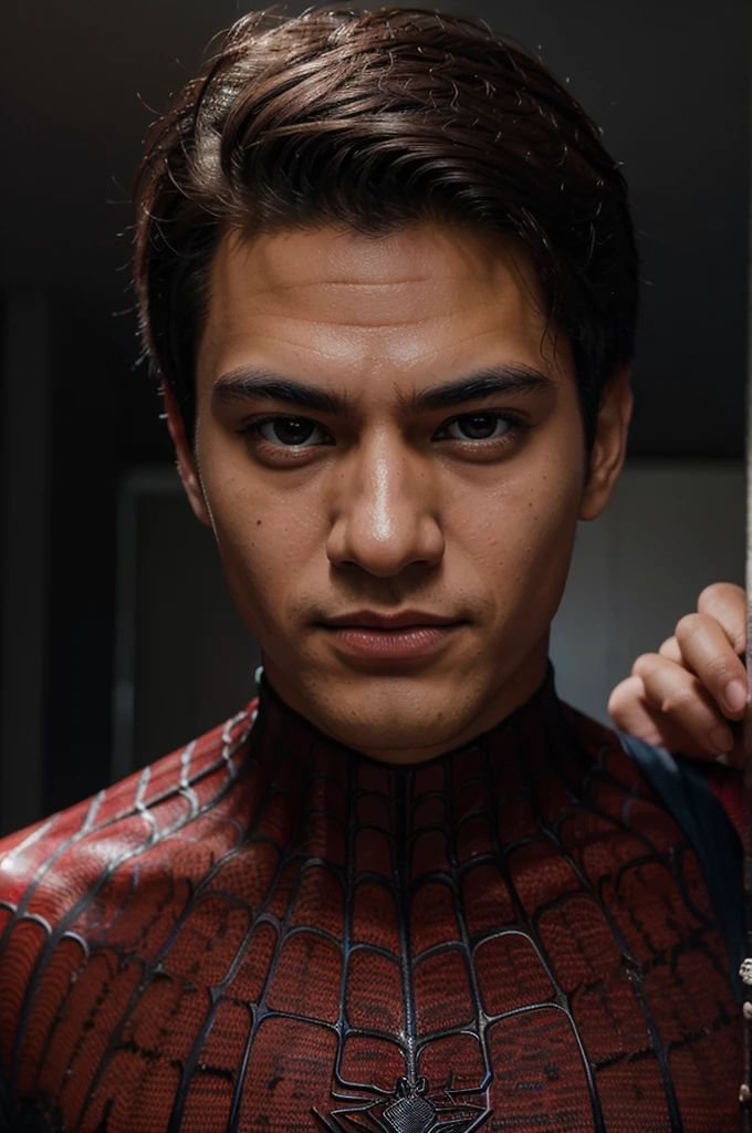 Spiderman photo, without a mask, 20 tahun, handsome, detailed face, looking at the camera, portrait, 8K  UHD, high quality 