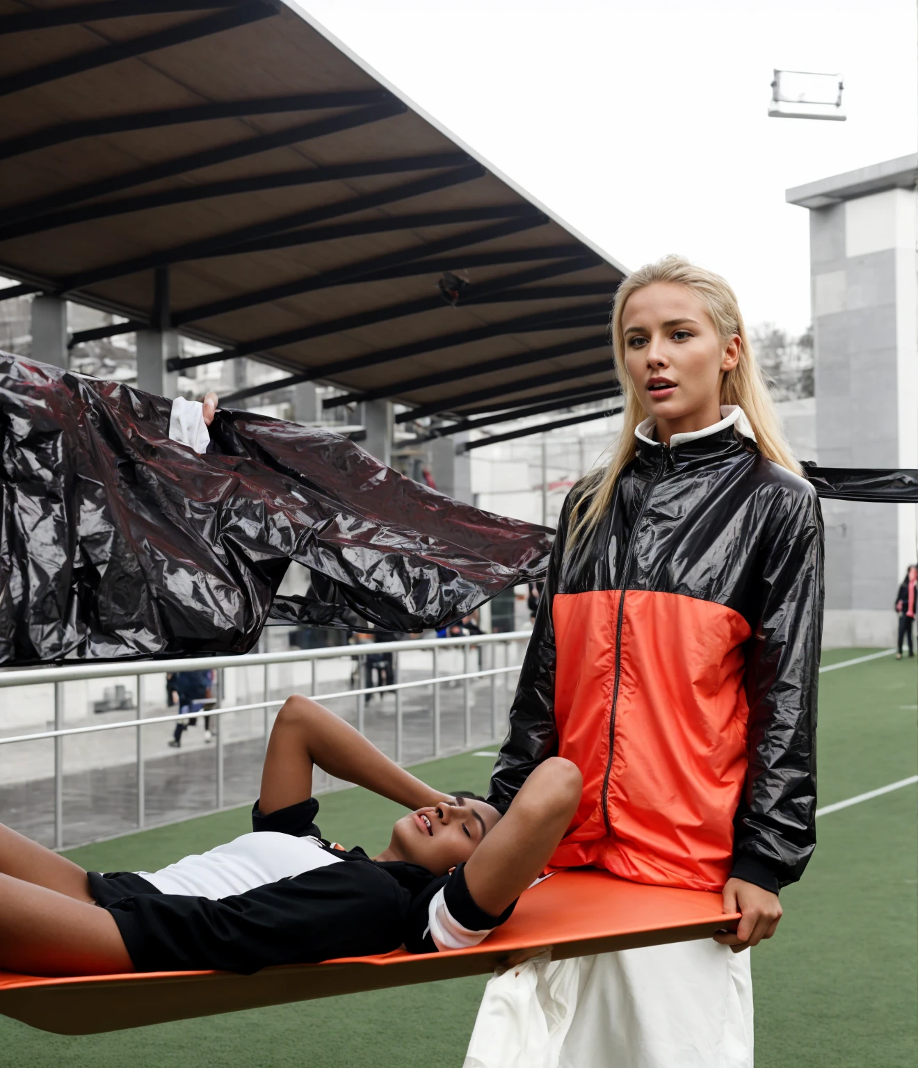 📷, soccer accident, sports injury, soccer match in a crowded stadium, injury scene, there is a sportsman in matte cotton sportswear lying injured on a stretcher, there is an injured sportsman in matte cotton sportswear lying on his side on a stretcher with a bandaged ellbow, an injured sportsman in matte cotton sportswear is lying on his side on a strecher being carried by an extrovert blond woman in a high shine long moncler coat, an injured sportsman is writhing in ecstasy on a stretcher while lying on his side, dramatic pity pose, there is a blond shouting and crying woman in a high-shine puffy coat, a high-shine black down coat, a long black moncler coat, a wetlook down coat, a wet black laquered coat, a excited screaming blond woman is wearing a wetlook black latex-coat, injured, medic, soccer action pose, affection pose, lecherous action pose, dramatic action pose, theatralic pose, there is an attractive woman that is carrying a sportsman in matte cotton sportswear, there is a beautiful woman in a shiny coat who is carrying a man on a stretcher, a longhaired beautiful woman in a high-shine black puffy coat, a longhaired woman in a shiny downcoat, a woman is carrying a shorthaired man in matte cotton sportswear on a stretcher, a weak man in spots shorts is consciousless and needs to be carried, a shorthaired man with a bandaged ellbow is carried away on a stretcher, a woman looks very scared and terrified, a sportsman in matte cotton sportswear is suffering very much on a stretcher, photo, photo shoot, photographed , accident, help, aid, first aid, pity