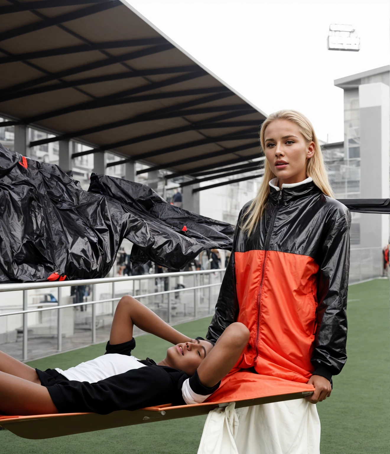 📷, soccer accident, sports injury, soccer match in a crowded stadium, injury scene, there is a sportsman in matte cotton sportswear lying injured on a stretcher, there is an injured sportsman in matte cotton sportswear lying on his side on a stretcher with a bandaged ellbow, an injured sportsman in matte cotton sportswear is lying on his side on a strecher being carried by an extrovert blond woman in a high shine long moncler coat, an injured sportsman is writhing in ecstasy on a stretcher while lying on his side, dramatic pity pose, there is a blond shouting and crying woman in a high-shine puffy coat, a high-shine black down coat, a long black moncler coat, a wetlook down coat, a wet black laquered coat, a excited screaming blond woman is wearing a wetlook black latex-coat, injured, medic, soccer action pose, affection pose, lecherous action pose, dramatic action pose, theatralic pose, there is an attractive woman that is carrying a sportsman in matte cotton sportswear, there is a beautiful woman in a shiny coat who is carrying a man on a stretcher, a longhaired beautiful woman in a high-shine black puffy coat, a longhaired woman in a shiny downcoat, a woman is carrying a shorthaired man in matte cotton sportswear on a stretcher, a weak man in spots shorts is consciousless and needs to be carried, a shorthaired man with a bandaged ellbow is carried away on a stretcher, a woman looks very scared and terrified, a sportsman in matte cotton sportswear is suffering very much on a stretcher, photo, photo shoot, photographed , accident, help, aid, first aid, pity