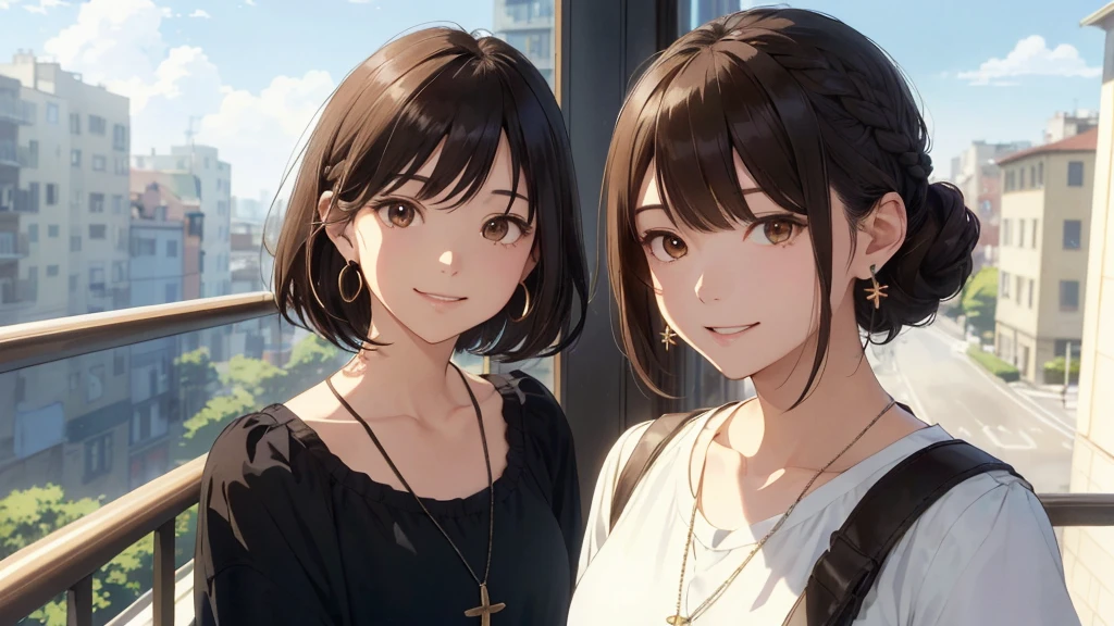 Balcony of a high-rise apartment building、Tower apartment building in the background、sunny、cumulonimbus(Highest quality、masterpiece、High resolution)、(Sargent-style watercolor)、(Anime Art)、、((Right beside、Female Profile、))、(Detailed depiction of a beautiful face)、A kind smile、Medium Short Hair、Dark Brown Hair、Braiding、、
1 female(Highest quality:1.2)、Very detailed、High resolution、masterpiece:1,2、Bright colors、Bokeh、Professional Lighting、Physically Based Rendering、Flat Color:0.8、Great illustrations、Realistic:1.37、Makoto Shinkai style、Name Style、Light Brown Hair、Elegant update、Short Bob、、Laugh together、Dynamic poselip、cheek(Dark Brown Hair/)bangs、cheek(direction)、(最高masterpiece1.2)繊細なイラストVery detailed、Break Blue Sky、Detailed Background、A shy smile、Through clenched teeth、Through clenched teeth、lip、cheek(Flat Color: 0.8)、(masterpiece: 1,2)、(masterpiece: 1,2)、High resolution、超High resolution、Highest quality、High resolution、Ultra-thin illustration、Makoto Shinkai style、Your name is style、Long Hair、Short Bob、necklace、Earrings、Dynamic pose、Selfie、whole body、Brown Hair、Braiding、Hair Bun、ponytail・Hair Bunスタイル、necklace、Valletta、ribbon、Earrings・アニキュア,。