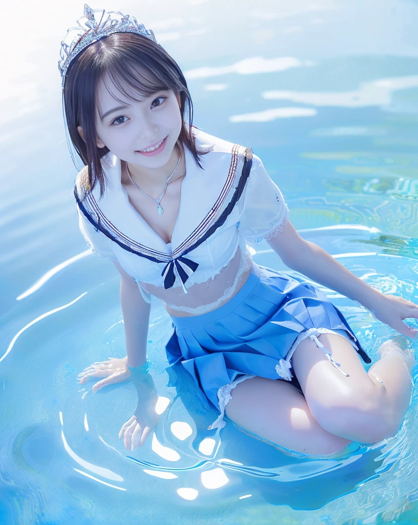 (NFSW)、(High resolution:1.5)、Highest quality,Very detailed,masterpiece,Super detailed,alone,(One 12 year old girl),((Summer School Uniforms:1.5)), Seraphim, ((skirt:1.5)),  smile, Thigh ?????? images: 1.5、(((barefoot)))、(Her thighs and white bikini reflected in the clear blue water)、(reflected in water:1.5)、((I can see the white string panties:1.5))、(Cleavage)、((Clear blue seawater))、Summer sun、はしゃいだsmile、Beautiful Eyes、(pull-out-panties)、Big necklace and tiara、The water is marine blue、