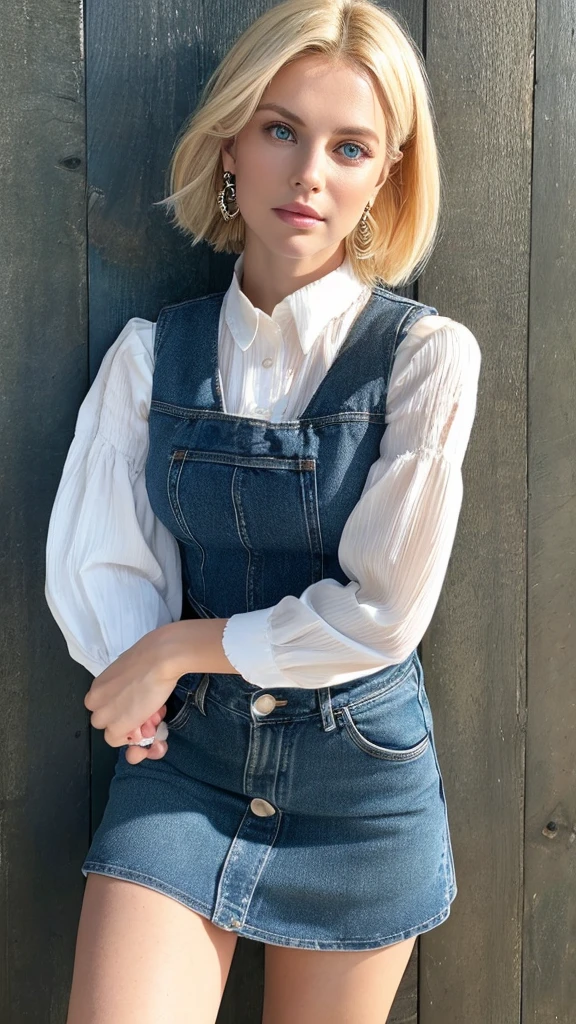(cowboyshot: 1.2), (ANDROID_18, AND18(dragon ball z), (finely detailed beautiful eyes and detailed face), (face through thigh: 1.4), (knee shot: 1.2), blonde hair, solo, lady, (beautiful background), :), dynamic angle, blue eyes, light face, sunlight, (bright face: 1.2), very wide hips, very thick thighs, full body shot, solo, blonde hair,  blue eyes, short hair, earrings, jewelry, denim vest, open vest, (black shirt), denim skirt, (long striped sleeves), blue skirt, brown cowboy boots