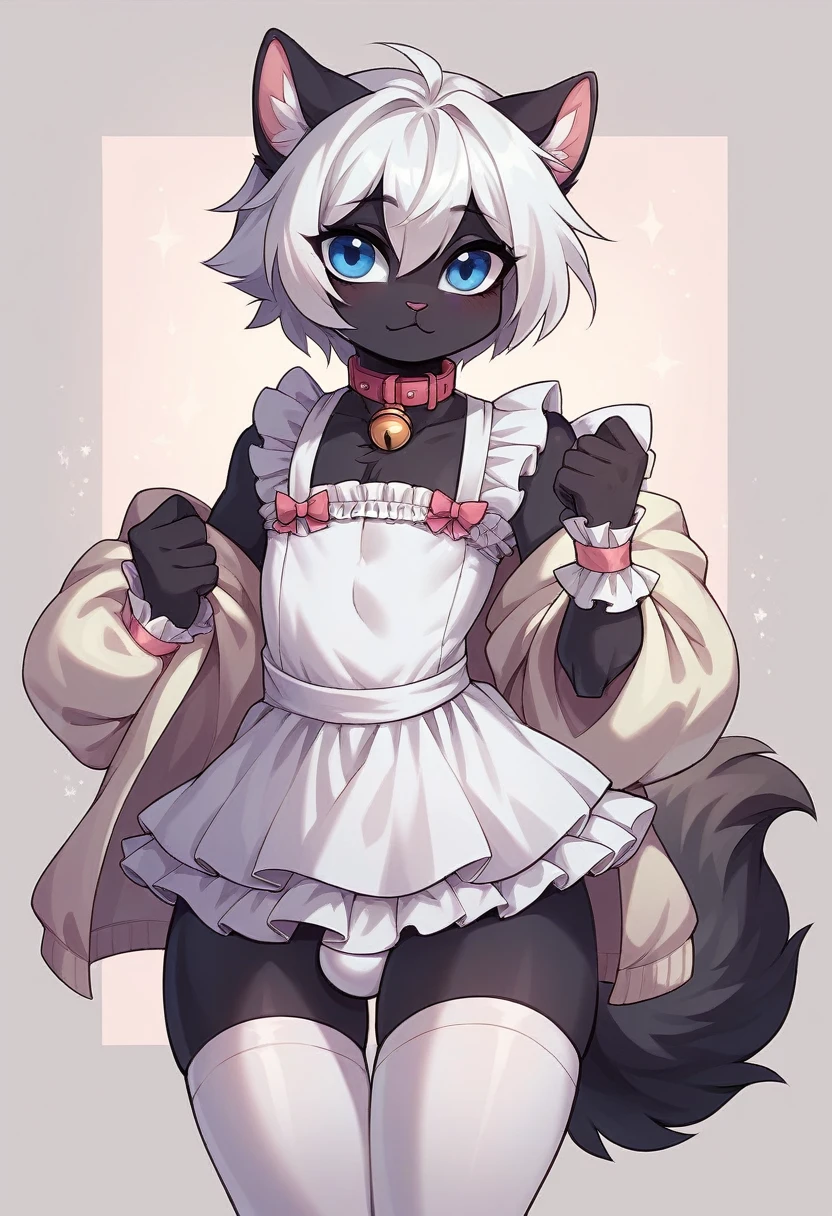 work of art, perfect, highy detailed, (small hibryd anthro cat femboy), fluffy black fur, ((blue colored eyes)), ((1))fluffy cat tail, short white hair, tiny chest, (CUTE CAT Ears), Wearing a collar, short maid dress, White silk gloves, silk white thigh socks, wearing a grayish-black snout, True muzzle, god of eyes, detailed coat, black fluffy kitten tail, detailed grout, furry, femboy, dominant