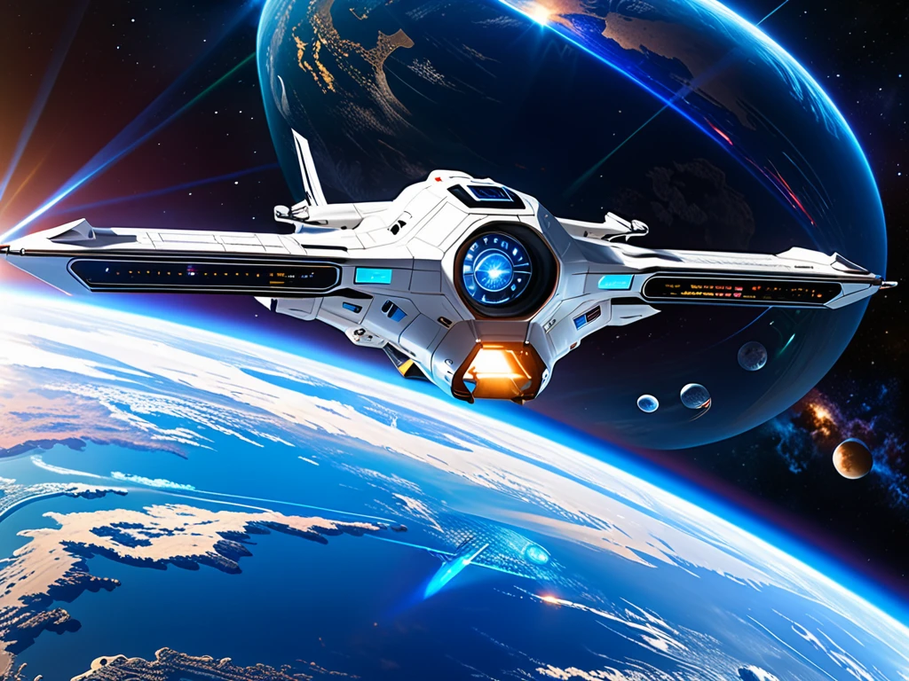 (Large spacecraft),(Futuristic),(powered by advanced technology),(Stylish and majestic design),(Floating silently in space),(Use a giant engine to move forward),(Level 6,With docking station),(A huge glass window lets you see the universe),(Surrounded by a protective force field),(Emits a soft blue light),(There are complex laser cannons on the sides.),(It depicts the Chinese symbol of strength and unity.),(Embrace a diverse crew with different cultures),(Including engineers, Home, astronaut),(wearing Futuristic uniforms),(Perform duties accurately and professionally),(Busy command center with holographic displays and control panels),(captain'The cabin offers a spectacular view of the stars.),(Wide々A botanical garden,It is planted with exotic plants from Earth and elsewhere.),(Zero Gravity Simulation and Martial Arts Training Facility),(A treatment room equipped with advanced treatment techniques),(A relaxation area for crew members to relax and socialise),(Virtual reality rooms deliver immersive entertainment),(A splendid observation deck,panoramic),(Celestial objects passing by in fascinating colors),(Create a sense of awe and wonder),(Capturing the essence of inquiry and human creativity),(Eternal beauty that transcends borders and cultures),(Combining art, technology, And the universe). (Highest quality, Very detailed),(Actual),(High Dynamic Range),(Bright colors),(Sharp focus),(Physically Based Rendering:1.2),(masterpiece:1.1),(Ultra-high resolution),(Professional Lighting),(Bokeh).