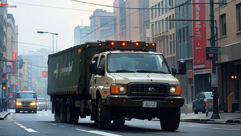 a military convoy of trucks driving down a city street, highly detailed military vehicles, realistic military truck models, military personnel inside the trucks, realistic military uniforms, detailed city architecture, people on the sidewalks watching the convoy, overcast sky, warm lighting, cinematic composition, photorealistic, (best quality,4k,8k,highres,masterpiece:1.2),ultra-detailed,(realistic,photorealistic,photo-realistic:1.37)