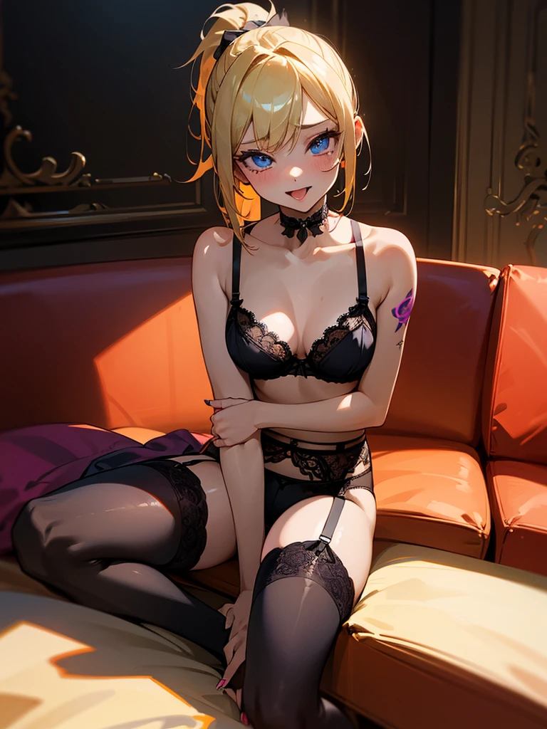 high resolution,1People Girls,beautiful girl,Full body close-up,The body is frontal,looking at the camera,Smile,Open your mouth a little,Sticking out tongue,ponytail,Blonde,blue eyes,Lingerie,Black Bra,Black underwear,Black garter belt,Black knee-high stockings,Burst into tears,Drooling,Purple fingernails,Place your left hand on the sofa,Right hand touches lower lip,Sit on the brown sofa,Spread your legs,Both feet on the floor,lean back,On the left shoulder(K)Letter Tattoo,Dimly lit room,Orange lighting,