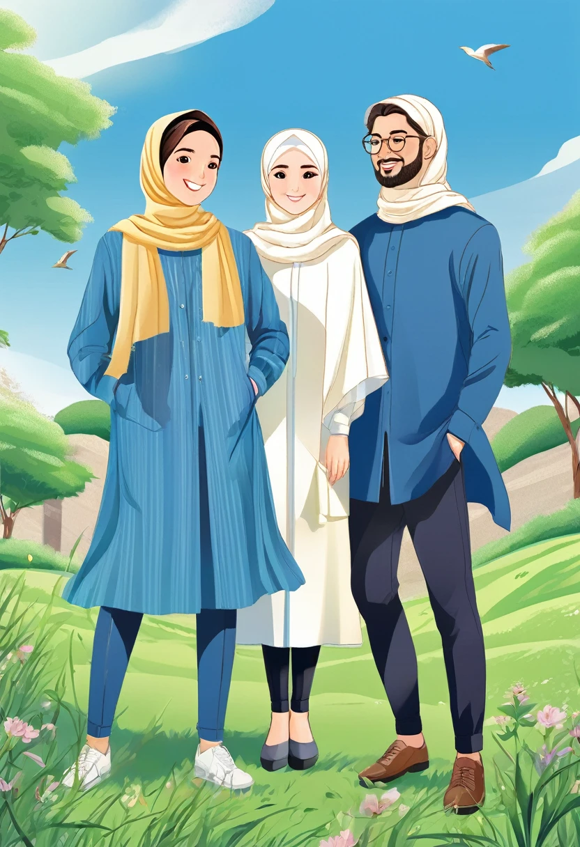 there are three people. one beautiful hijab-wearing woman in the middle between two men, a beautiful hijab-wearing woman in the middle, a handsome man on the left, a handsome man on the right, three people, under the blue sky and green grassland, anga style, cover illustration, 