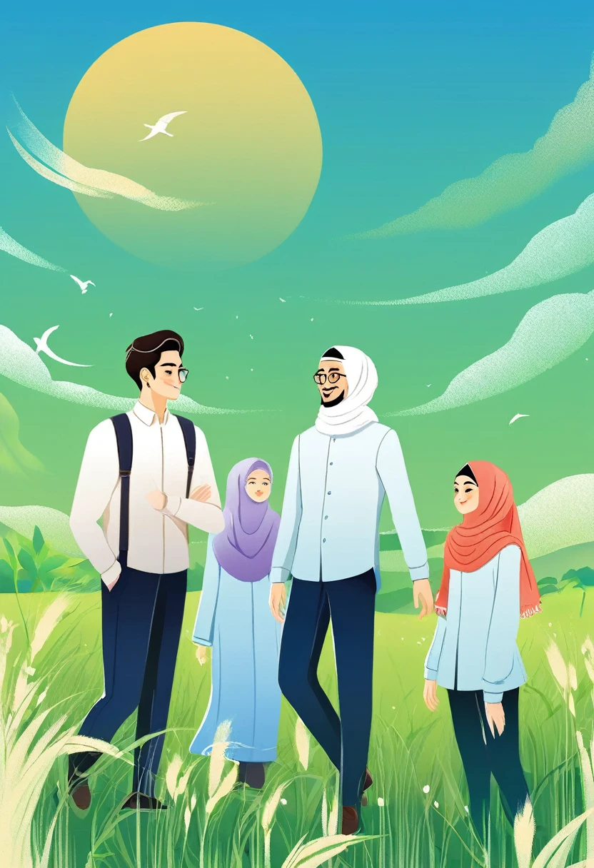 there are three people. one beautiful hijab-wearing woman in the middle between two men, a beautiful hijab-wearing woman in the middle, a handsome man on the left, a handsome man on the right, three people, under the blue sky and green grassland, anga style, cover illustration,