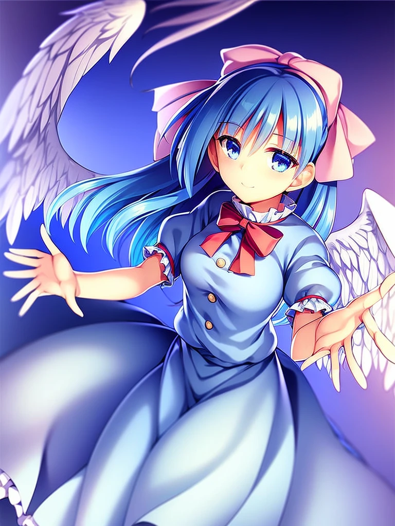 masterpiece, best quality, 1girl, , , 10 years old, medium blue hair, hair flaps, pink ribbon on head, well-formed face, blue eyes, angel girl, white blouse, puffy short sleeves, red ribbon, angel wings, long white skirt, red shoes, frills