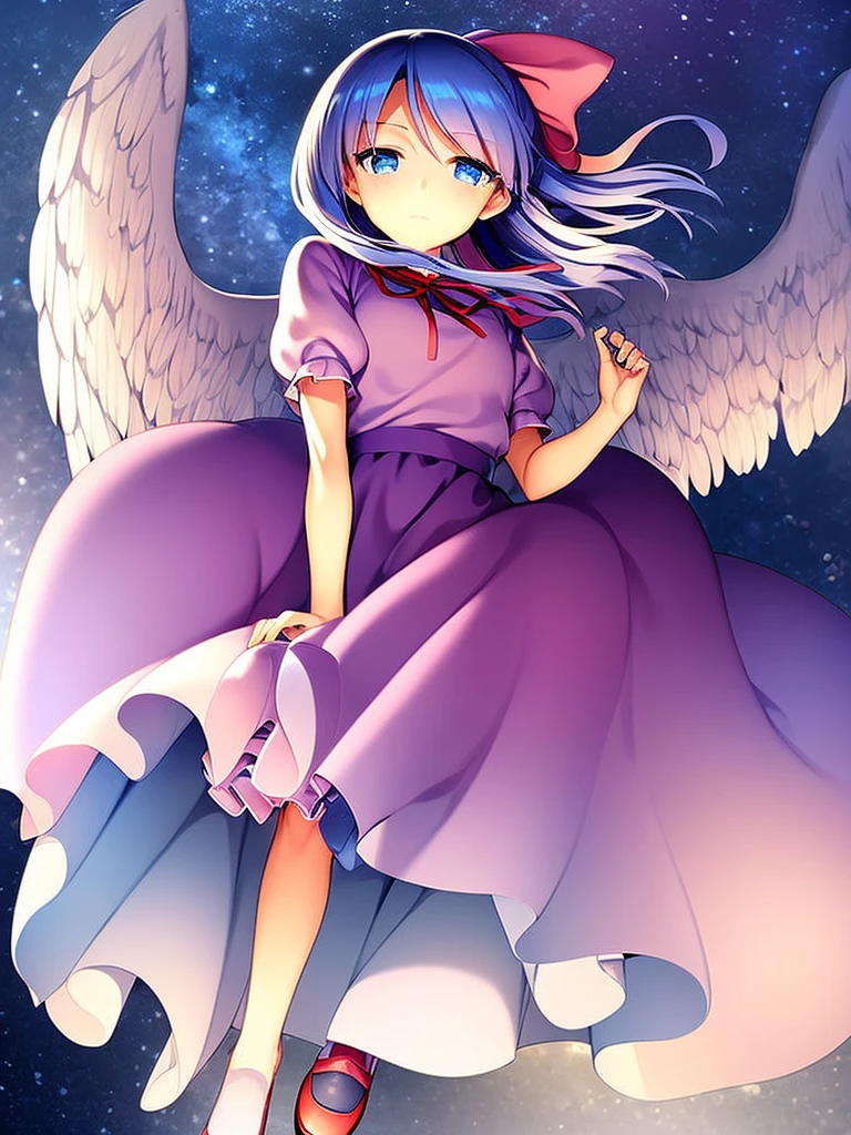 masterpiece, best quality, 1girl, , , , medium blue hair, hair flaps, pink ribbon on head, well-formed face, blue eyes, angel girl, white blouse, puffy short sleeves, red ribbon, angel wings, long white skirt, red shoes, frills