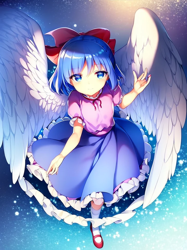 masterpiece, best quality, 1girl, , , 10 years old, medium blue hair, hair flaps, pink ribbon on head, well-formed face, blue eyes, angel girl, white blouse, puffy short sleeves, red ribbon, angel wings, long white skirt, red shoes, frills