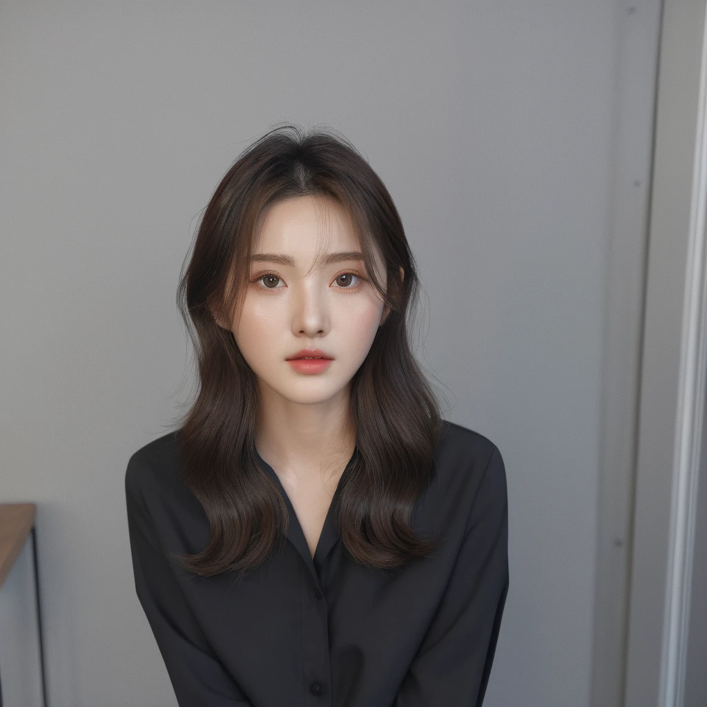 Best Quality, 8k, Masterpiece, (Portrait: 1.3), (photo realistic:1.4), (hyper realistic:1.4), Sharp Focus, looking at viewer, (smoother lighting:1.1), (increase cinematic lighting quality:0.9), realistic lighting, backlighting, light on face, ray trace, (brightening light:1.2), (Increase quality:1.4), sharp detail, (best quality real texture skin:1.4), finely detailed eyes, black_eyes, finely detailed face, 25 year old Korean woman, (white formal_shirt:1.4), (Create an image maintaining the original base model hairstyle:1.5)

