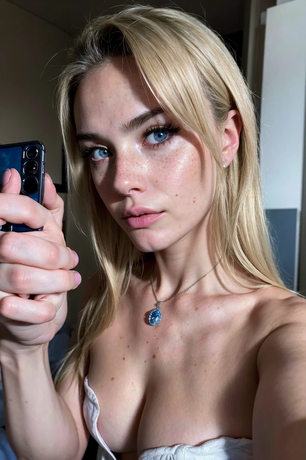 (Selfie, photoshot: 1.4), RAW UHD Portrait of 1 18 Year Old Blonde, blue colored eyes, photo in the living room of the house, breasts big (neckleace), detaileds ( fabric, body hair, sheen, Farbe), Olhos brilhantes com alto nível de detaileds (looking at the camera), SLR Lighting, ultra quality, sharpening, Depth of field, detaileds de olhos complexos, fully body, breasts big, light freckles on the face, ultra realistic 8k