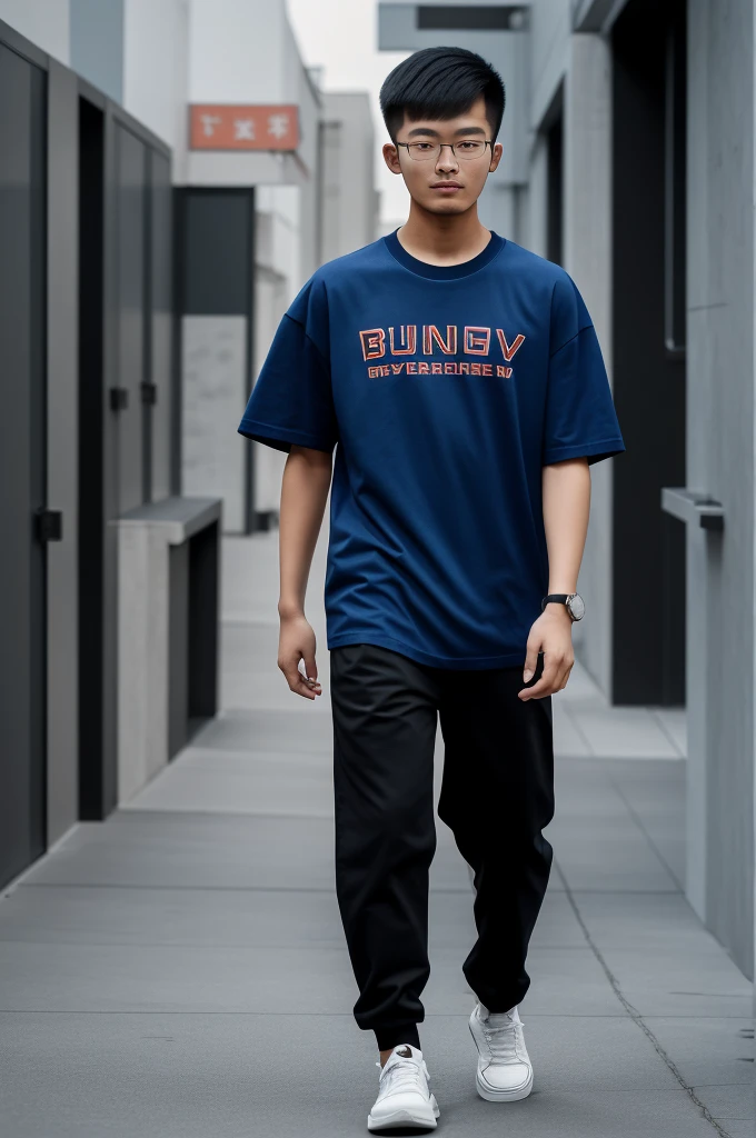 21 year old Beijing boy, he is wearing a oversize xxl blue plain t-shirt, he is wearing black trousers, he is wearing sneakers, he is wearing glasses, city, full body, he is buzz cut Hair, foot, walking