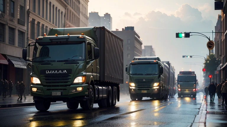 a military convoy of trucks driving down a city street, highly detailed military vehicles, realistic military truck models, military personnel inside the trucks, realistic military uniforms, detailed city architecture, people on the sidewalks watching the convoy, overcast sky, warm lighting, cinematic composition, photorealistic, (best quality,4k,8k,highres,masterpiece:1.2),ultra-detailed,(realistic,photorealistic,photo-realistic:1.37)