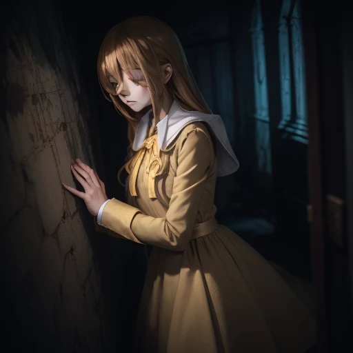 girl, Brown Parker,Brown hood hides eyes, Beige dress, hidden face, standing wrapped in Beige dress, Parker closes his eyes, Horror, darkness, Blood