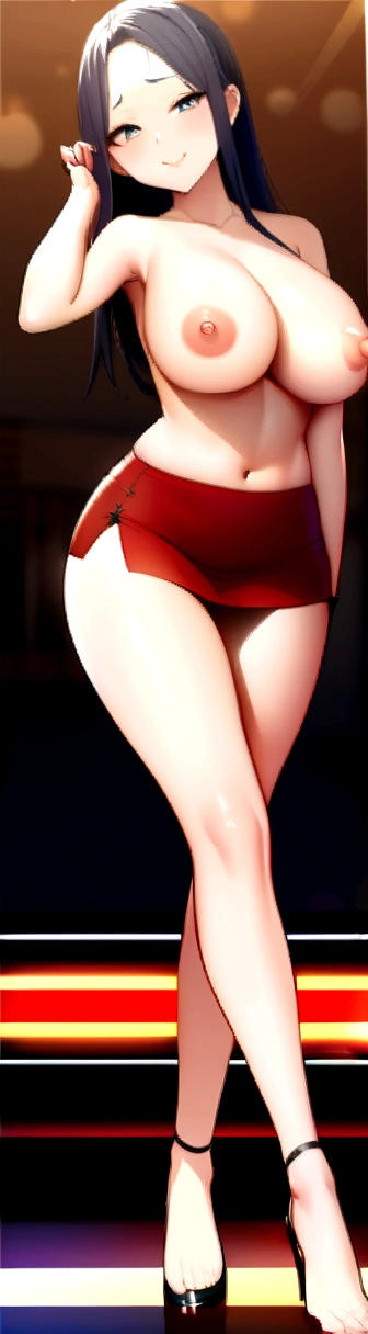 high quality, Super detailed, finely, High resolution, 8K Perfect dynamic composition, beautiful and detailed eyes, natural color lip, random sexy pose,cute smile,Hotel,18 year old girl、,Big eyes、beautiful and detailed face、perfect and beautiful double eyelids,topless, huge breast,blur the background,standing , full body , toe,The woman I want to hold,whole body,side boob,underboob,beautiful feet, ,cabaret club,hostess,slit,Dark blue mini skirt,feet,nipple