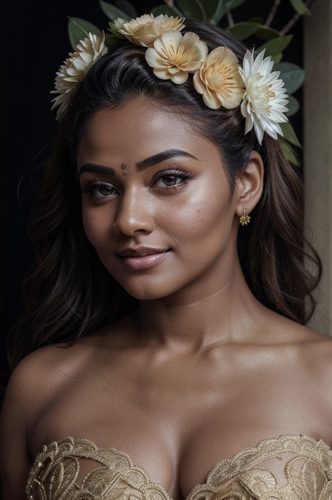Extremely gorgeous, round face, shoot for a famous cosmetics brand, shoot for top health magazine cover Page, bold photoshoot, bold looks, body positivity, stunning beauty, ravishing, spicy hot, sizzling hot, sensual shoot, artistic sensual photograpy, thick figure, curvy, Thick navel, sexy tempting lady, sexy navel folds, fleshy figure, woman with a flower in her hair and a flower in her hair, closeup portrait shot, movie stills photography, traditional beauty, body sweat, glistening skin, skin texture, skin pores, traditional clothes , traditional female hairstyles, pretty face!!, shot on sony alpha dslr-a300, indian woman with brown skin, indian goddess, traditional makeup, movie stills, actress, close - up portrait shot, detailed portrait shot, ultra HD, 32k, hyper realistic, hyper realistic skin, High level professional photography, insane details, high quality skin, beautymarks, real photograph, add every possible elements to make the photo looks as real photograph,