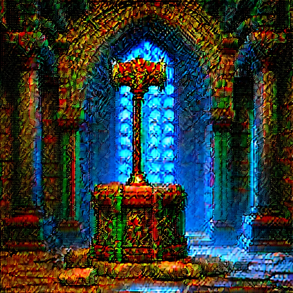 Visualize a medieval fantasy hammer resting atop a weathered stone pedestal in the center of an empty, ancient chamber. The hammer's handle is hewn from sturdy oak, wrapped in supple leather adorned with intricate runes that faintly shimmer with arcane power. Its head, forged from an ancient, enchanted metal, gleams with a dull silver sheen and is inscribed with symbols of protection and strength. Dust motes dance in the air, illuminated by faint rays of sunlight filtering through a high, arched window. The room is lined with towering shelves filled with dusty tomes and artifacts from forgotten ages, hinting at the hammer's storied history. Capture the solemn atmosphere of this chamber, where the mystical hammer awaits a destined hero to wield it against the encroaching darkness of a medieval fantasy world."