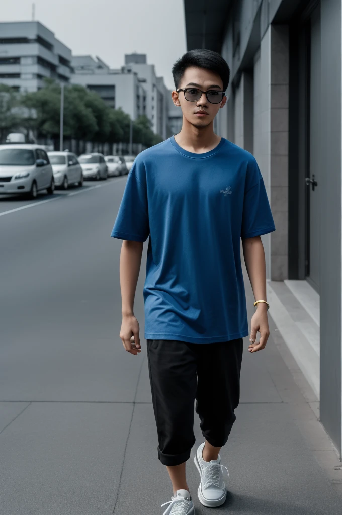 21 year old Beijing boy, he is wearing a oversize xxl blue plain t-shirt, he is wearing black trousers, he is wearing sneakers, he is wearing glasses, city, full body,  he is buzz cut Hair, foot, walking 