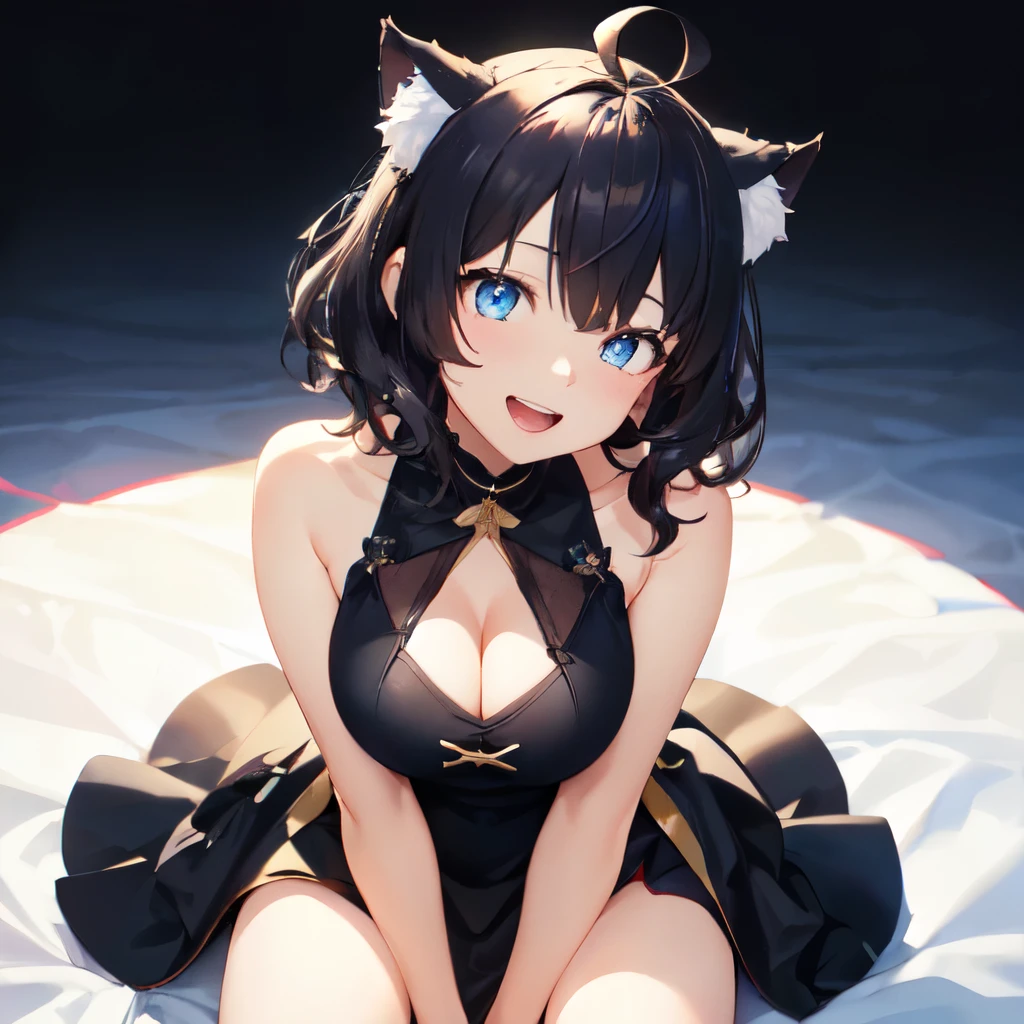 Watching the audience, 1 person、girl, Open your mouth, smile, Virtual YouTuber、((Highest quality, expensive_solve, Clear_image)),(Black Hair), (Black cat ears), (Ahoge), (Ridiculously short hair), (Wavy Hair), (blue eyes)、Very large ,Wearing a dress、With a gun、Condescending face、Lay down、