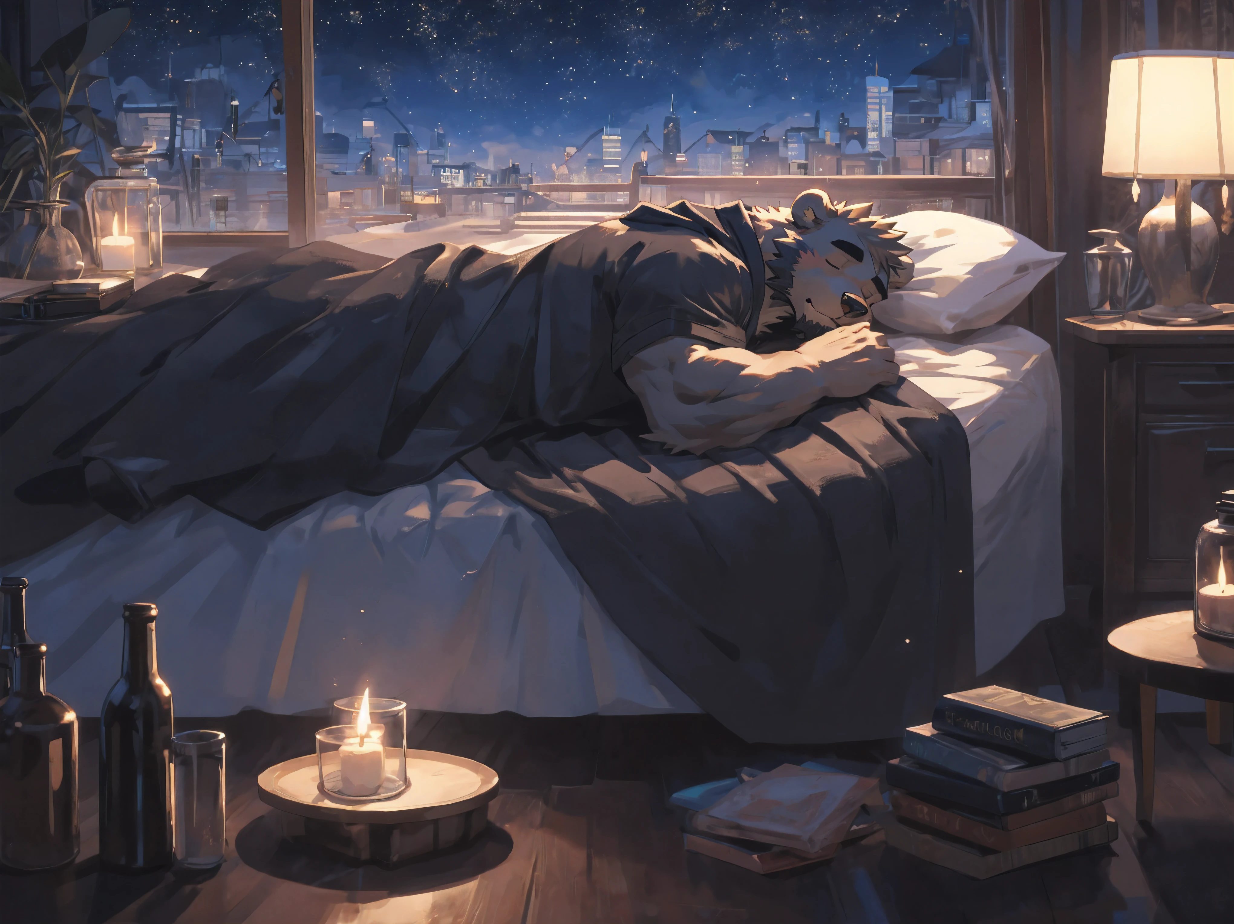 (masterpiece:1.2), best quality,pixiv,official art,perfect anatomy, (Ray tracing, light),solo, (1_male:1.3) , (muscle), (grey fur:1.4), (muscle bear), (beard:1.2), (gleaming golden eyes), bear tail, Thick black eyebrows,(black bathrobe), (naked inside), jeans, barefoot, A skyline at night, with twinkling stars and a bright Milky Way. character is sleeping in the bed with a blanket