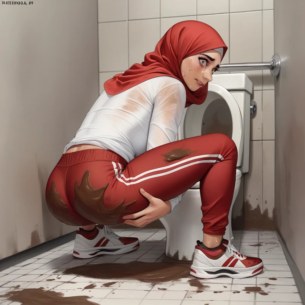 Ultra-realistic, 4k, 1girl, hot cute face, pretty face, cute eyes, hot body, wearing red hijab, red adidas sweatpants, tight long sleeve sports white tshirt, white sneakers, nervous facial expressions, very sweaty, both hands on ass, in dirty dark public toilet, near the toilet, dirty toilet walls, dirty toilet floor, dirty toilet, dirty clothes, sweaty clothes, (((make the whole image filthy and dirty))), (((mud on the floor and mud overflowing from toilet bowl))), stinky atmosphere, filthy atmosphere, mud everywhere, mud on face, mud on pants, disgusting toilet,