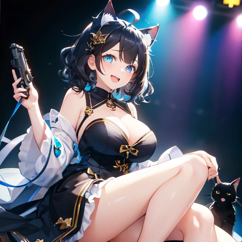 big breasts ((Beautiful kawaii Cat Girl)) young, ((((short black hair)))), wavy hair, Light blue eyes, light effect on the eyes, extremely Sexy, superhero shape, (short short thick fabric, simple fantasy style blouse), open belly, inner chest ((masterpiece)), smile, pink lips ((high quality)), Adventurers' Guild, Artificial Night Lighting