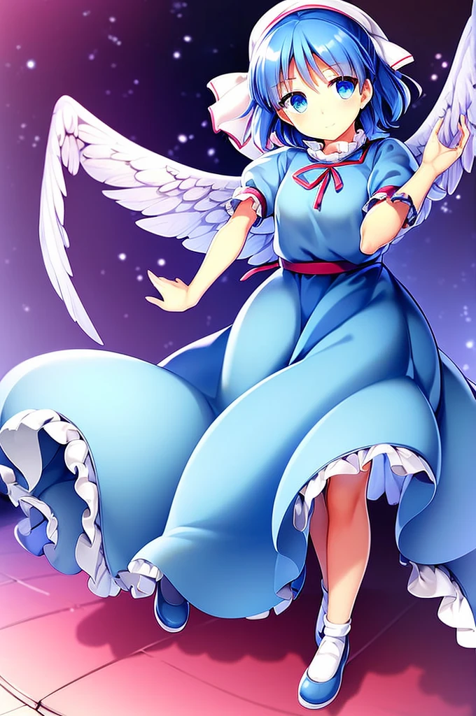 masterpiece, best quality, 1girl, , , , medium blue hair, hair flaps, pink ribbon on head, well-formed face, blue eyes, angel girl, white blouse, puffy short sleeves, red ribbon, angel wings, long white skirt, red shoes, frills