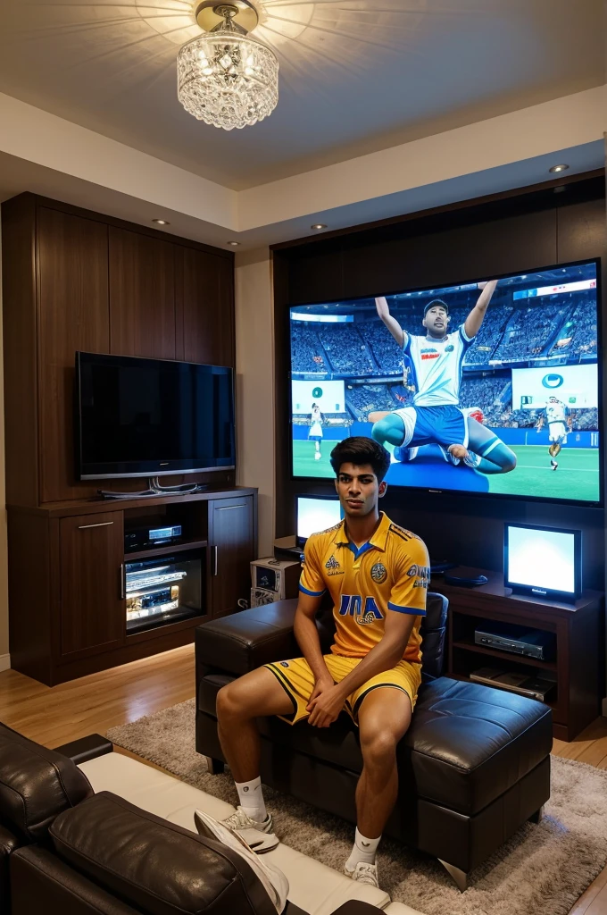 MI Team Prompt
In a spacious, tastefully decorated living room, a lifelike scene unfolds. A young man, approximately 17 years old, engrossed in an IPL match, sits before a grand LED TV. He proudly sports a vibrant MI Team jersey on which name "shyam" and the number "45 MI" emblazoned boldly. The natural lighting cascades through the room, illuminating every detail, while the LED TV screen displays the match in all its glory, captivating the viewer's attention.