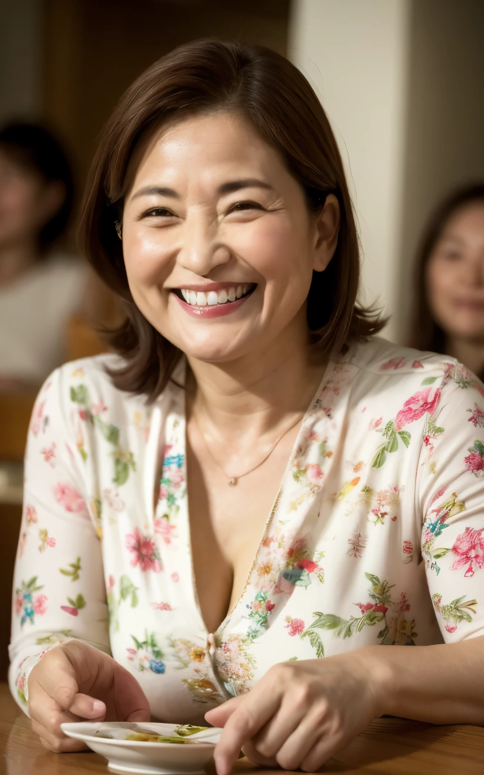 8k wallpaper, masterpiece, Highest quality, Super detailed, One Mature Woman, 50 years old, Become very clear, Wearing a spring-like shirt, Skin dents, Captivating smile, Looking at the audience, Cleavage, plump, Curvaceous, Fascinating face, Smiling with teeth showing, I was happy, Sitting in a cafe, Background Blur