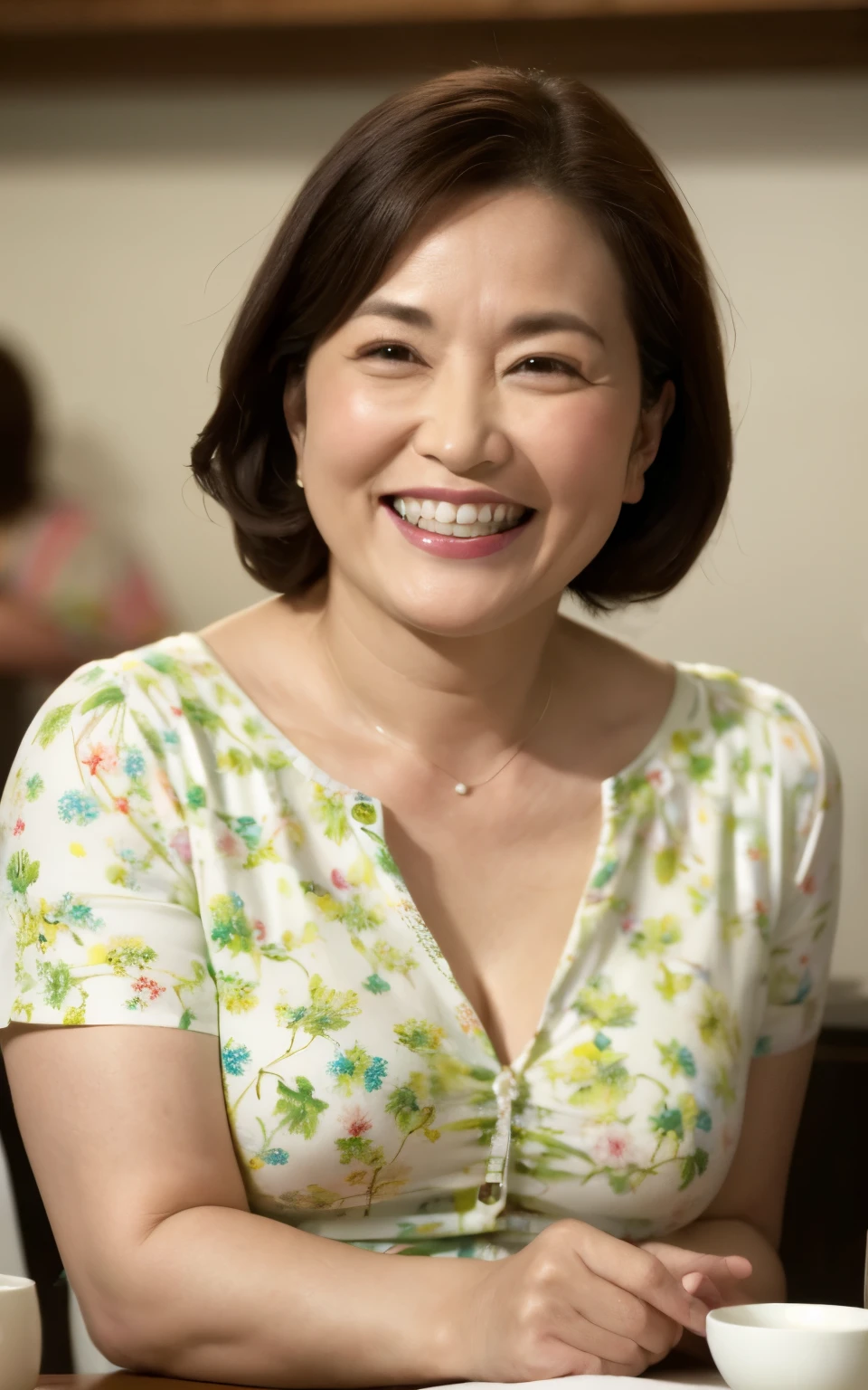 8k wallpaper, masterpiece, Highest quality, Super detailed, One Mature Woman, 50 years old, Become very clear, Wearing a spring-like shirt, Skin dents, Captivating smile, Looking at the audience, Cleavage, plump, Curvaceous, Fascinating face, Smiling with teeth showing, I was happy, Sitting in a cafe, Background Blur