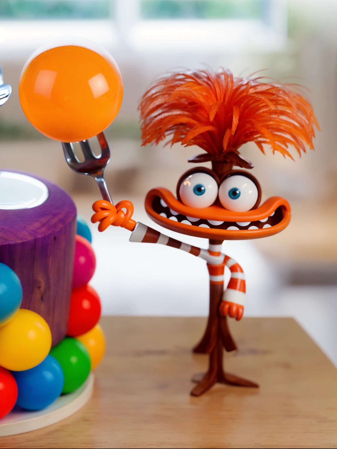 on a wooden table, orange character in a vest is standing, holding a fork with an orange sphere, Contour light, Beautiful light from the window. window in the background, realistic picture, Realistic style, realistic textures, bright lighting, beautiful light source, detailed textures, high quality, A high resolution, macro photography, ultra 4k hd.
