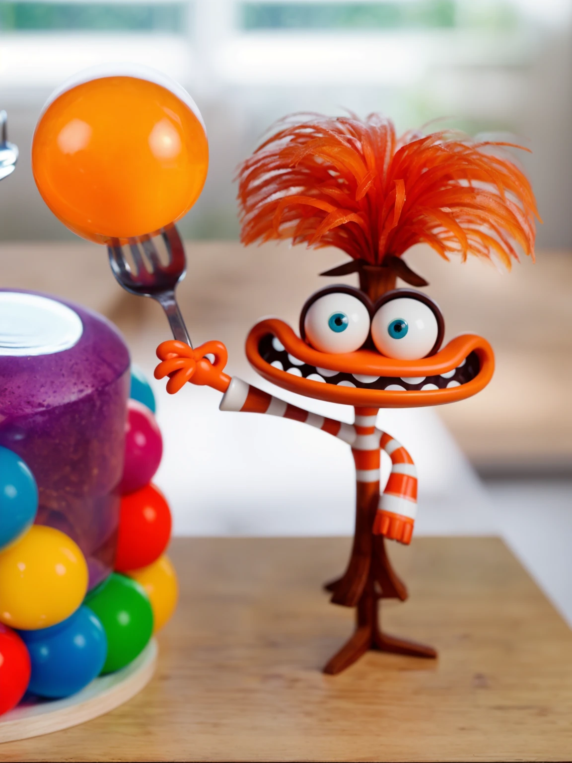 on a wooden table, orange character in a vest is standing, holding a fork with an orange sphere, Contour light, Beautiful light from the window. window in the background, realistic picture, Realistic style, realistic textures, bright lighting, beautiful light source, detailed textures, high quality, A high resolution, macro photography, ultra 4k hd.