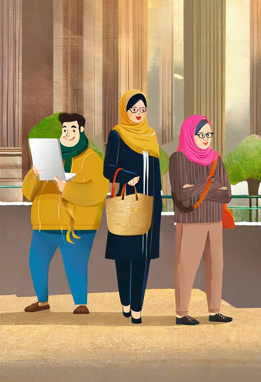 there are three people. one beautiful hijab-wearing woman in the middle between two handsome men in casual shirt,