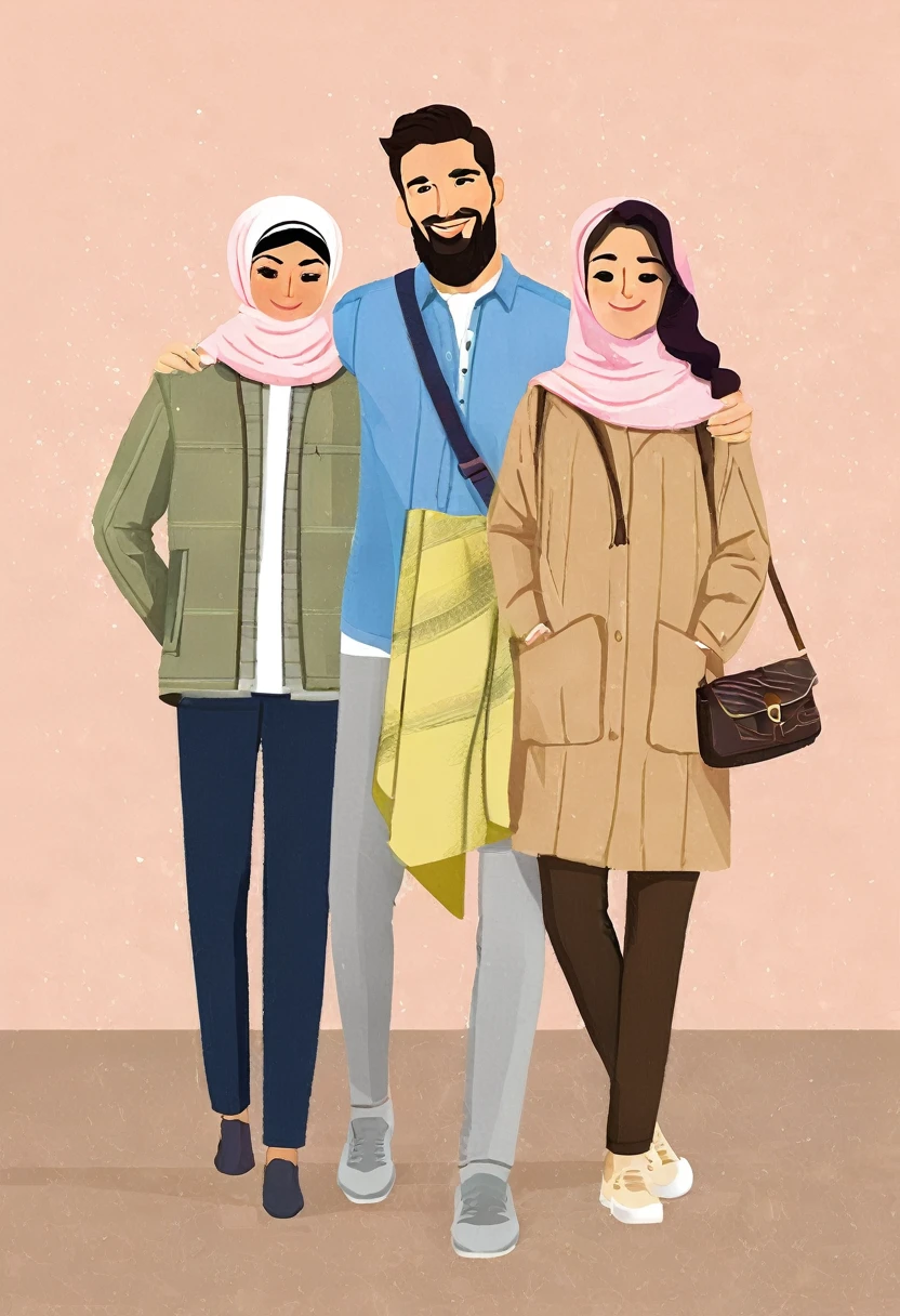there are three people. one beautiful hijab-wearing woman in the middle between two handsome men in casual shirt,