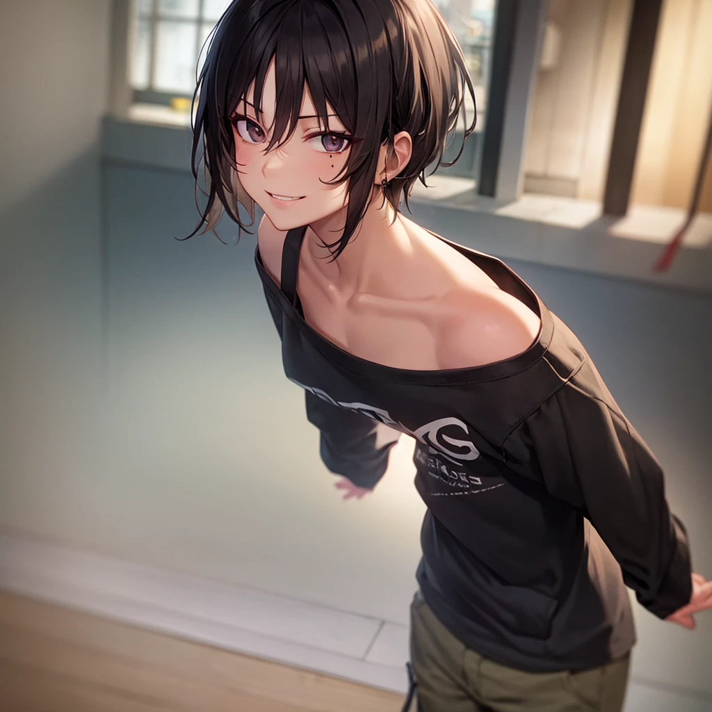 from_above,fisheye_lens,atmospheric,realistic_shadows,chin_length_black_hair,upper_body,beauty_mark_beside_lips,highres,amt_sn,original,black_eyes,large_baggy_shirt,graphic_tee,1person,androgynous,nonbinary_person,rave_club_background_slim_body,cargo_pants,hands_in_pockets,laidback_personality,lazy_smirk,no_makeup,no_blush,asian,small_eyes,tawny_skin,no_eyelashes