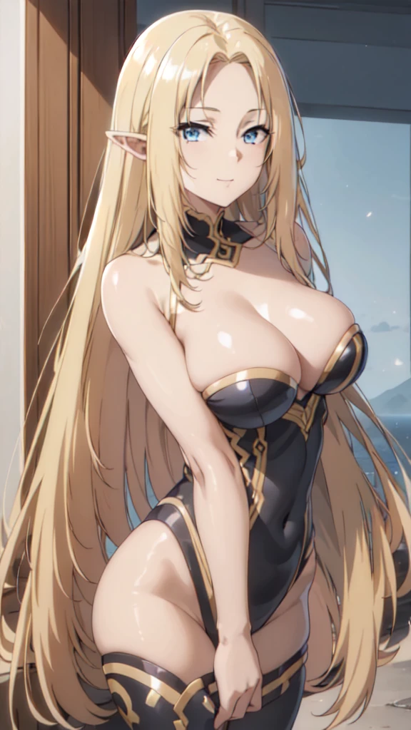 (Upper Body:1.3),(masterpiece:1.4),Medium Shot,anime,masterpiece,gravure, 8K,Realistic, Beautiful woman,An elegant and mature elven woman, Elf Ears,blue eyes, Place your arms behind your head,(美的animeの目:1.4),Large Breasts,blonde, Black bodysuit, smile,Beautiful breasts,(8K resolution:1.4), High quality CG, Beautiful CG, Soft Light,View your audience,(24-years-old),